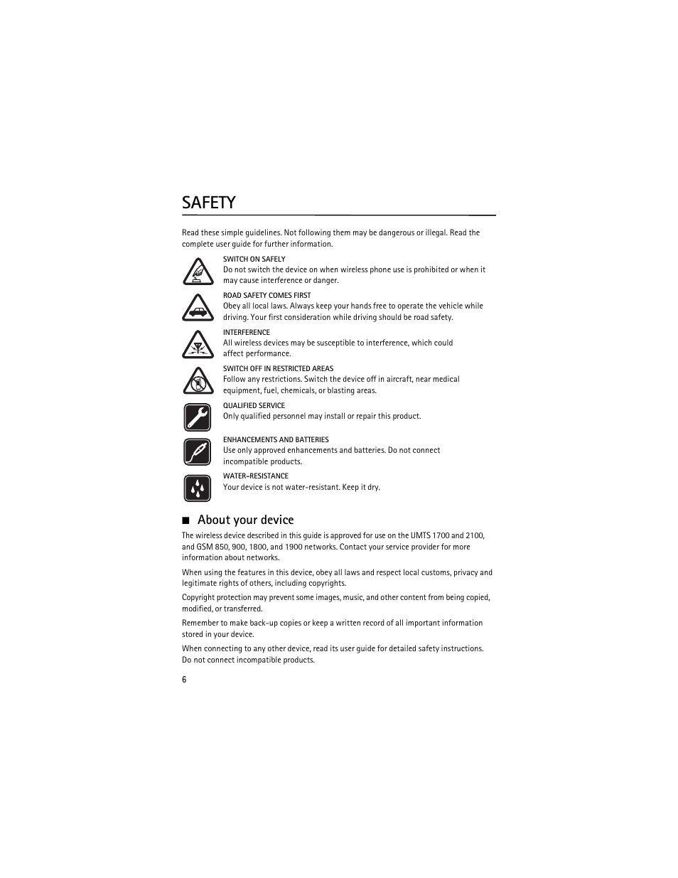 Safety, Afety, About your device | Nokia 6263 User Manual | Page 7 / 153