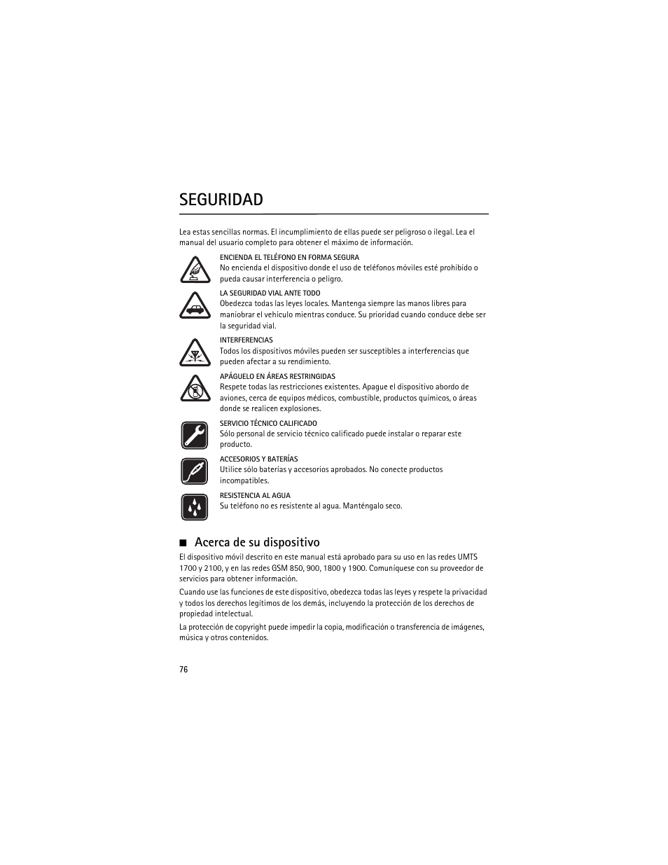 Seguridad, Eguridad, Acerca de su dispositivo | Nokia 6263 User Manual | Page 77 / 153