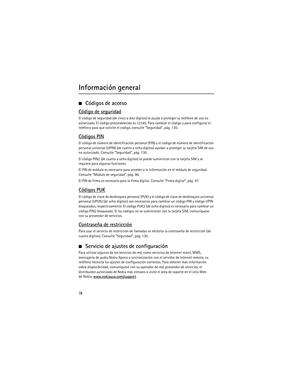 Información general, Códigos de acceso, Servicio de ajustes de configuración | Nokia 6263 User Manual | Page 79 / 153