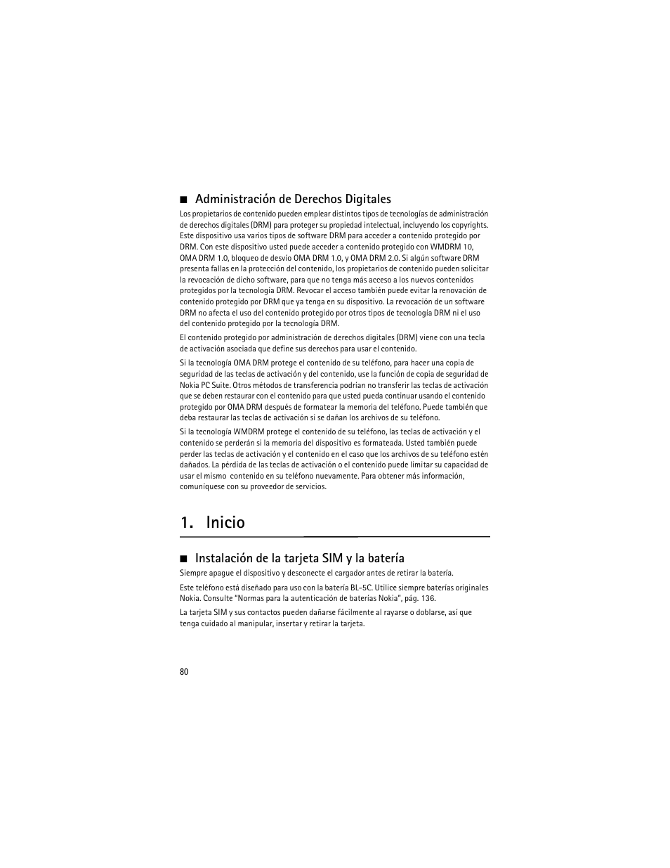 Administración de derechos digitales, Inicio, Instalación de la tarjeta sim y la batería | Nokia 6263 User Manual | Page 81 / 153