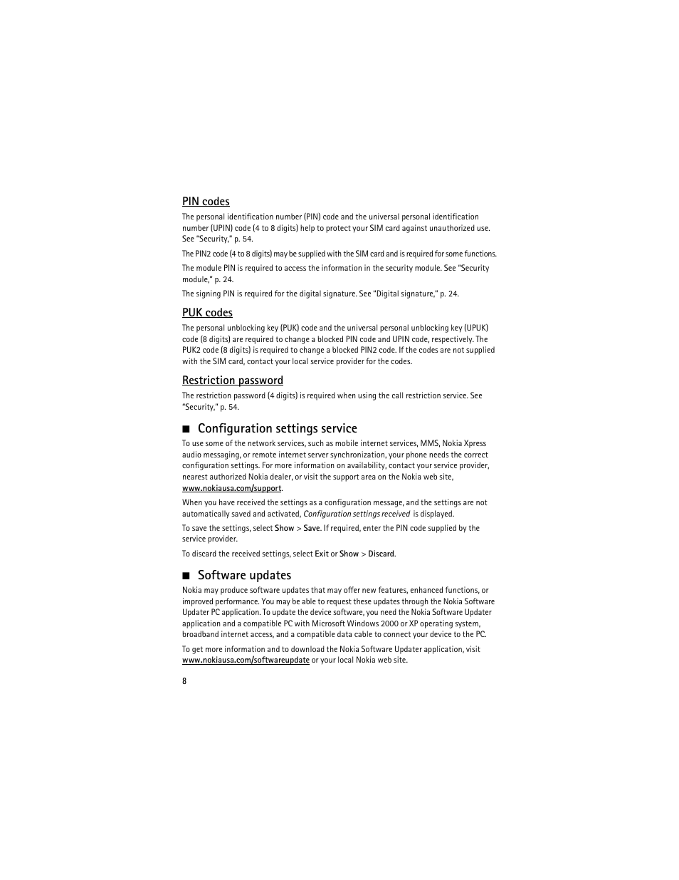 Configuration settings service, Software updates, Configuration settings service software updates | Nokia 6263 User Manual | Page 9 / 153