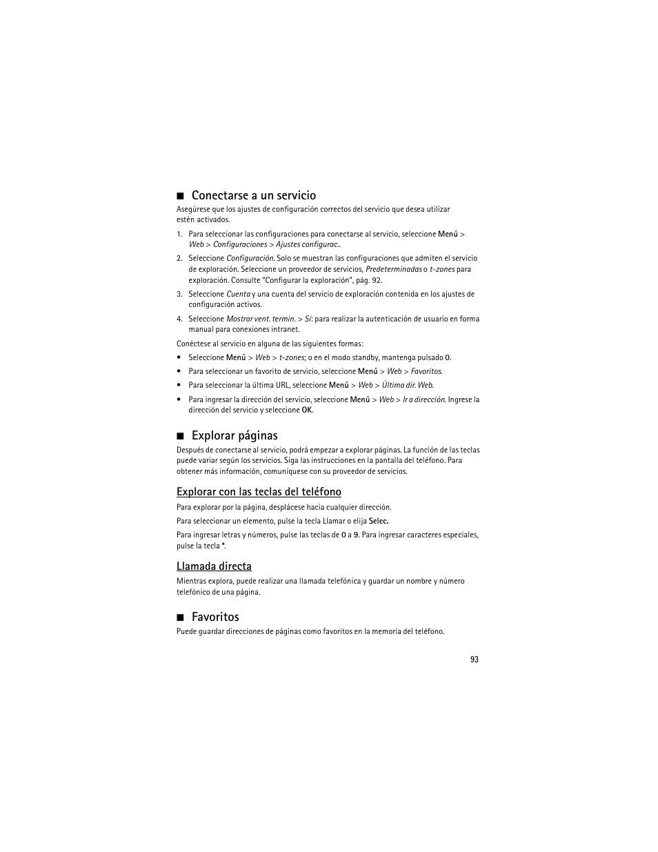 Conectarse a un servicio, Favoritos, Explorar páginas | Explorar con las teclas del teléfono, Llamada directa | Nokia 6263 User Manual | Page 94 / 153