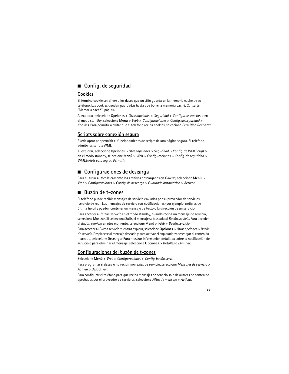 Config. de seguridad, Configuraciones de descarga, Buzón de t-zones | Nokia 6263 User Manual | Page 96 / 153