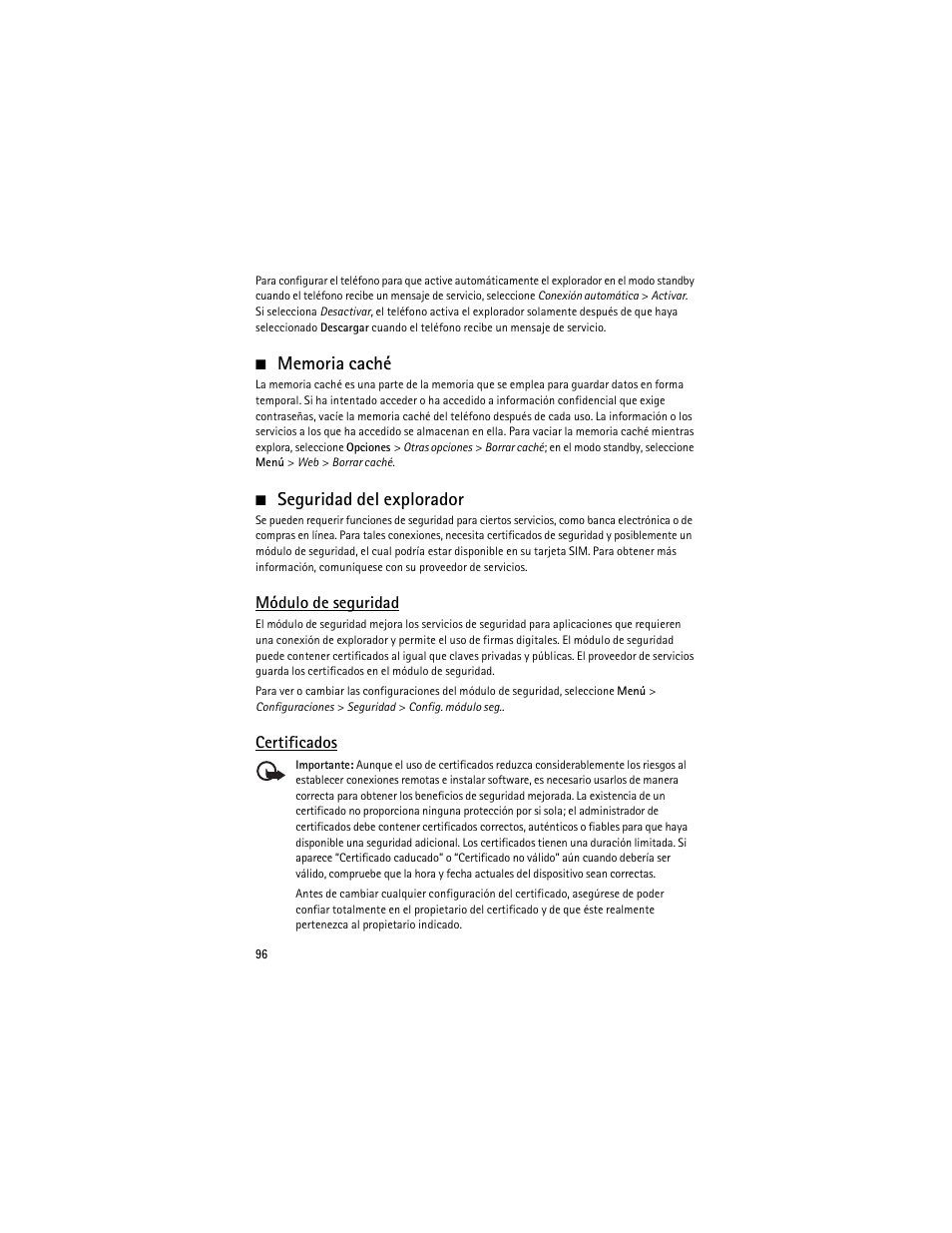 Memoria caché, Seguridad del explorador, Memoria caché seguridad del explorador | Módulo de seguridad | Nokia 6263 User Manual | Page 97 / 153