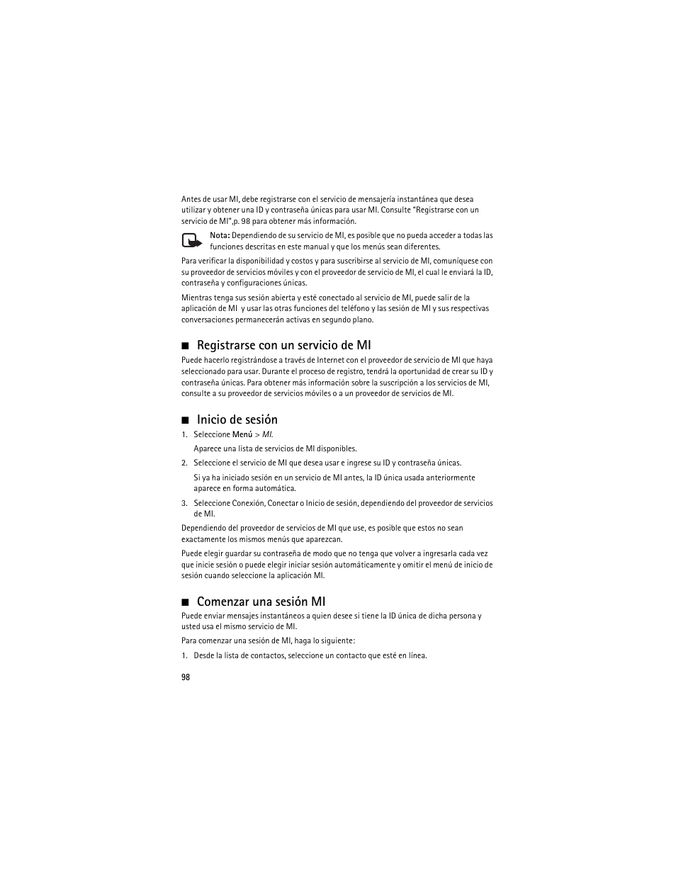 Registrarse con un servicio de mi, Inicio de sesión, Comenzar una sesión mi | Nokia 6263 User Manual | Page 99 / 153