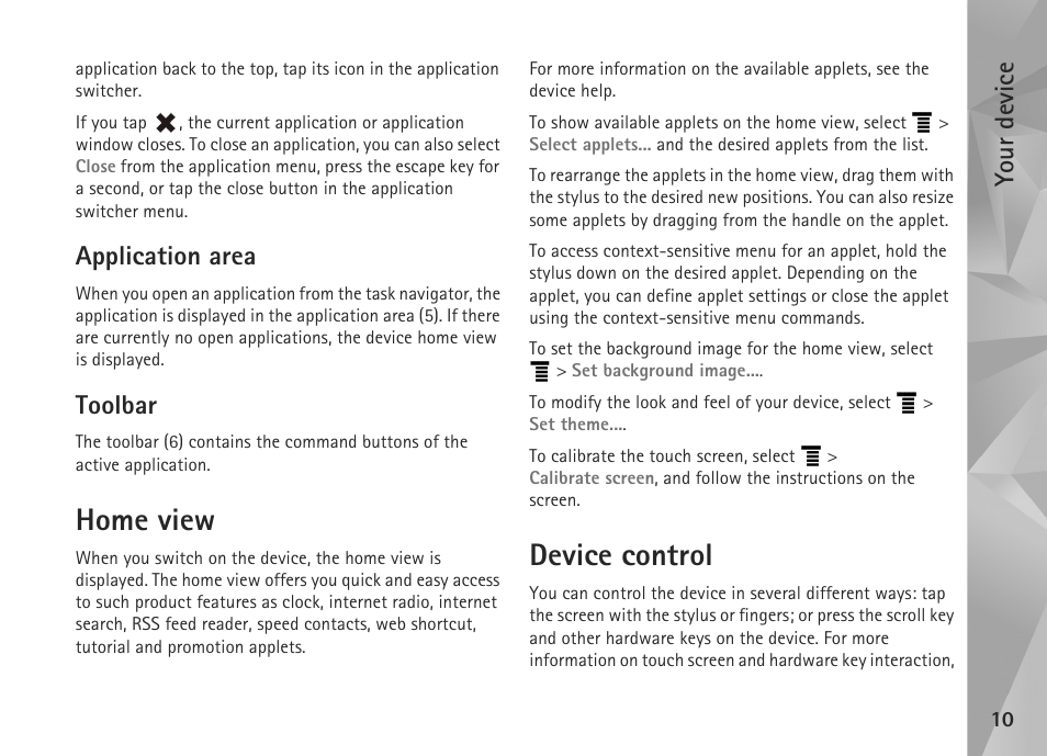 Application area, Toolbar, Home view | Device control, Application area toolbar, Home view device control, Your device | Nokia N800 User Manual | Page 10 / 55