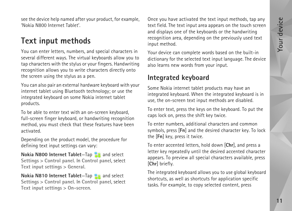 Text input methods, Integrated keyboard, Your device | Nokia N800 User Manual | Page 11 / 55