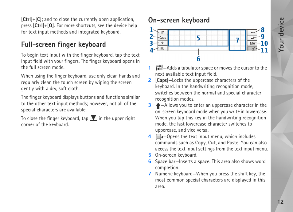 Full-screen finger keyboard, On-screen keyboard, Full-screen finger keyboard on-screen keyboard | Your device | Nokia N800 User Manual | Page 12 / 55