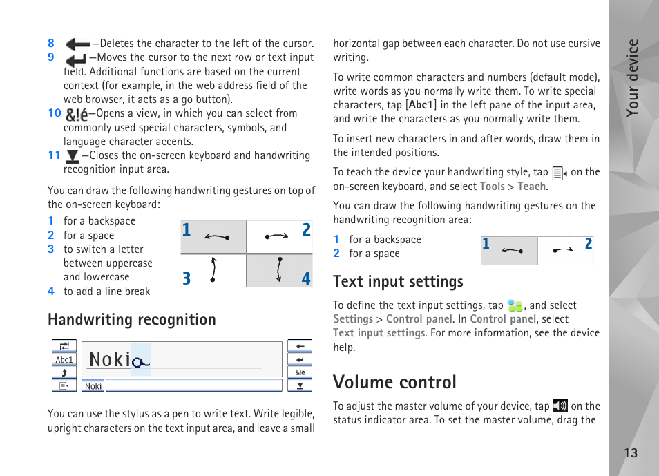 Handwriting recognition, Text input settings, Volume control | Handwriting recognition text input settings, Your device | Nokia N800 User Manual | Page 13 / 55