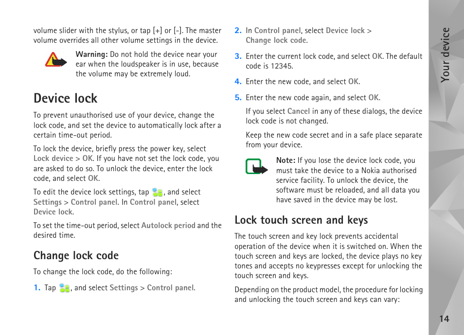 Device lock, Change lock code, Lock touch screen and keys | Change lock code lock touch screen and keys, Your device | Nokia N800 User Manual | Page 14 / 55