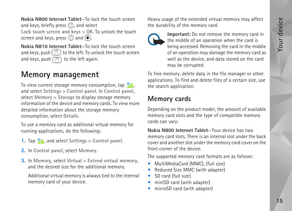 Memory management, Memory cards, Your device | Nokia N800 User Manual | Page 15 / 55