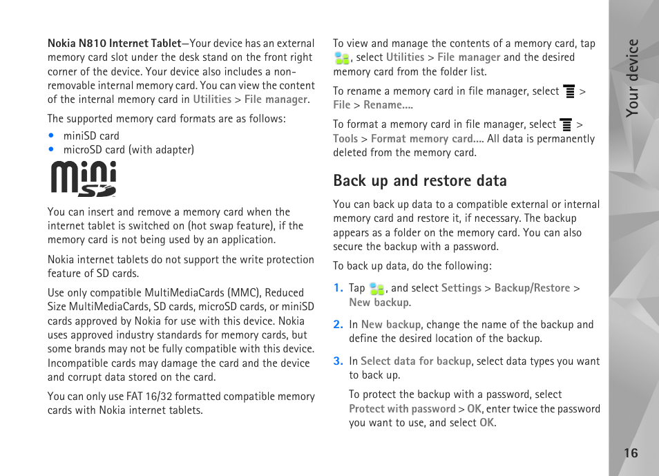 Back up and restore data, Your device | Nokia N800 User Manual | Page 16 / 55