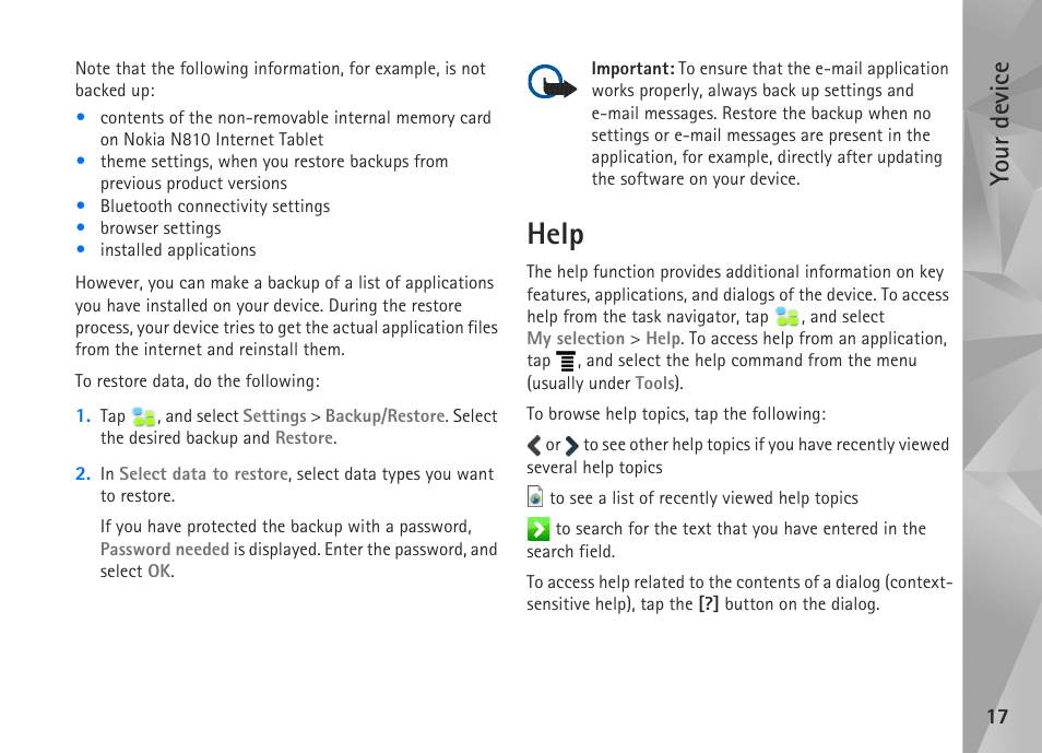 Help, Your device | Nokia N800 User Manual | Page 17 / 55