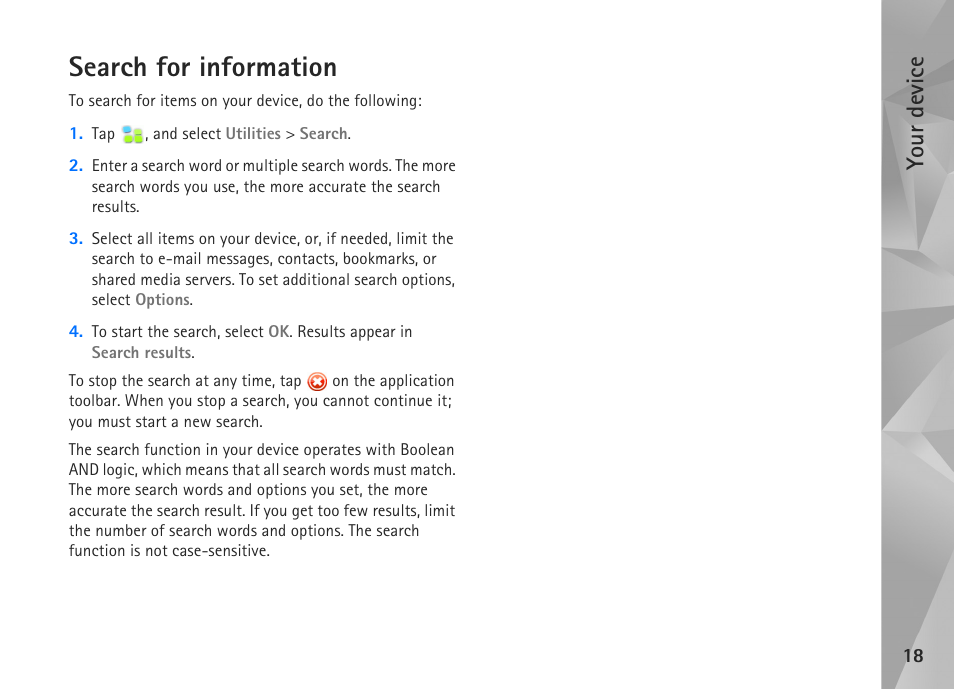 Search for information, Your device | Nokia N800 User Manual | Page 18 / 55