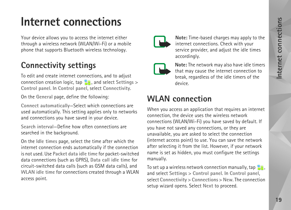 Internet connections, Connectivity settings, Wlan connection | Connectivity settings wlan connection | Nokia N800 User Manual | Page 19 / 55