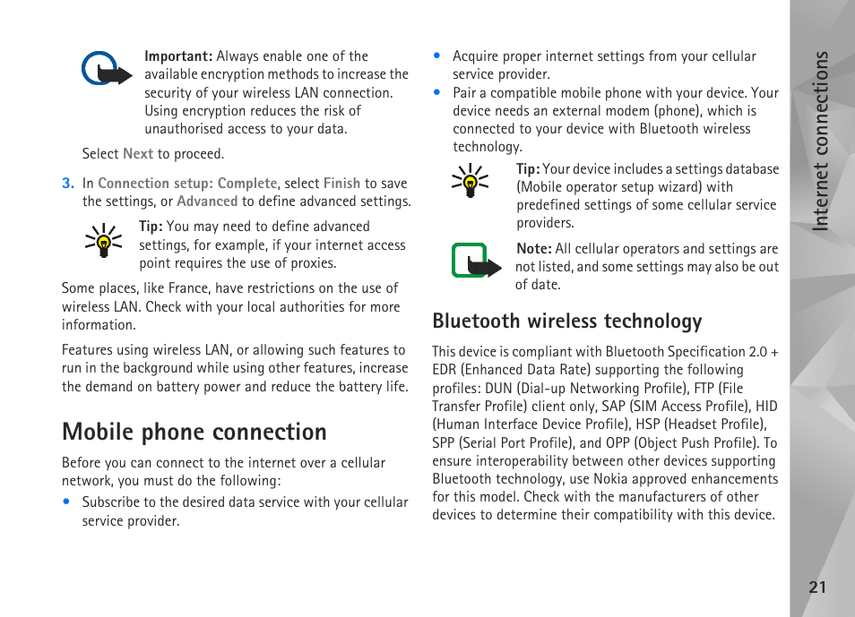 Mobile phone connection, Bluetooth wireless technology, Internet connections | Nokia N800 User Manual | Page 21 / 55