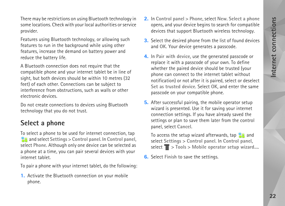 Select a phone, Internet connections | Nokia N800 User Manual | Page 22 / 55