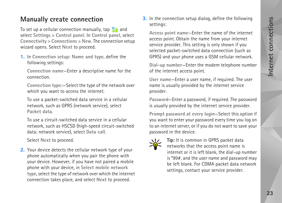 Manually create connection, Internet connections | Nokia N800 User Manual | Page 23 / 55