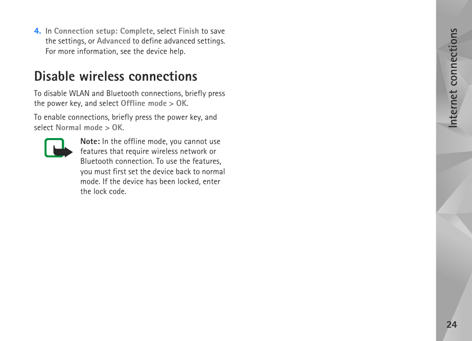 Disable wireless connections, Internet connections | Nokia N800 User Manual | Page 24 / 55