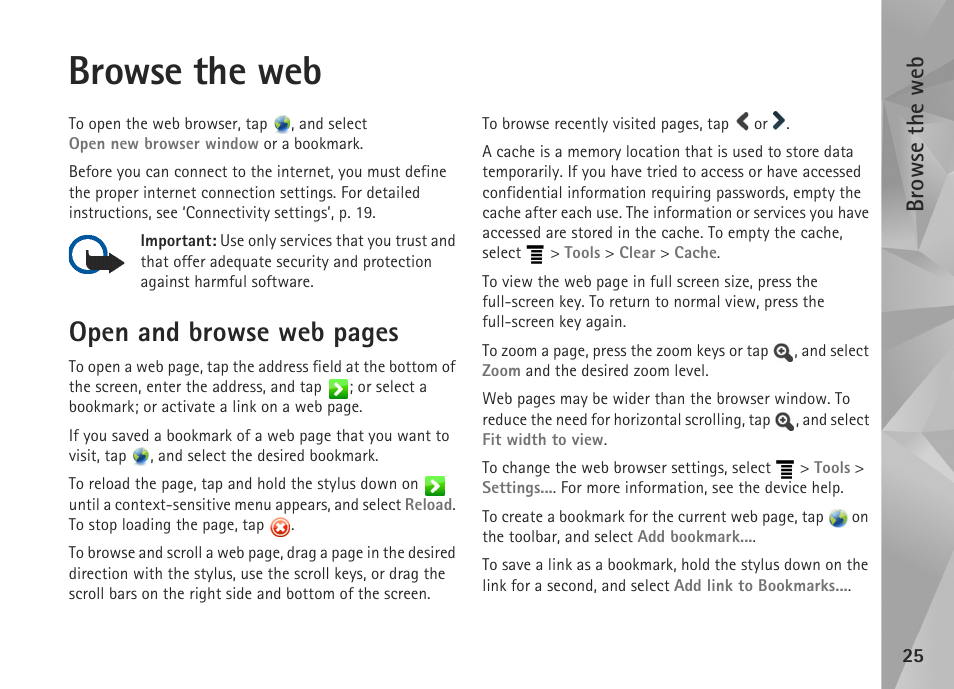Browse the web, Open and browse web pages | Nokia N800 User Manual | Page 25 / 55