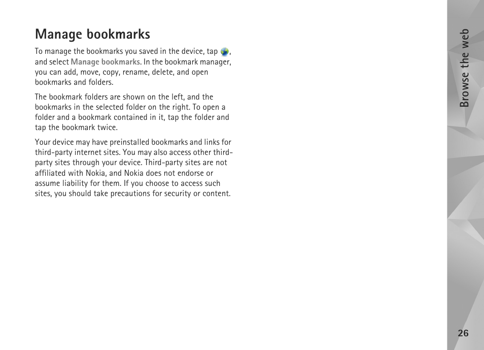 Manage bookmarks, Browse the web | Nokia N800 User Manual | Page 26 / 55