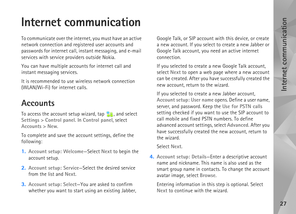 Internet communication, Accounts | Nokia N800 User Manual | Page 27 / 55