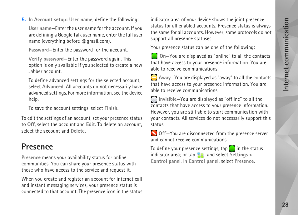 Presence, Internet communication | Nokia N800 User Manual | Page 28 / 55