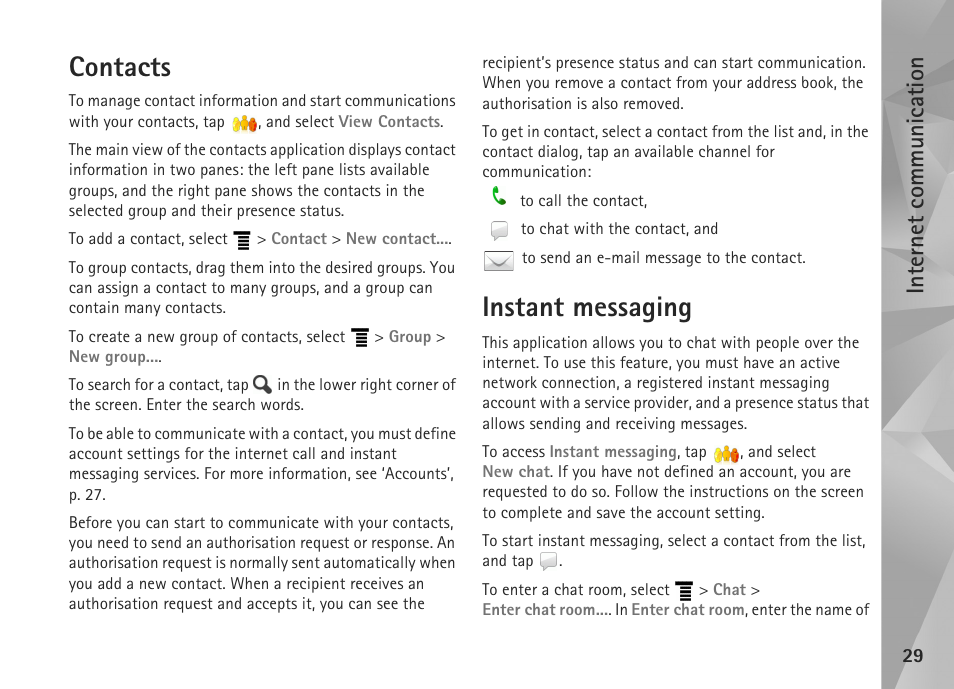Contacts, Instant messaging, Contacts instant messaging | Internet communication | Nokia N800 User Manual | Page 29 / 55