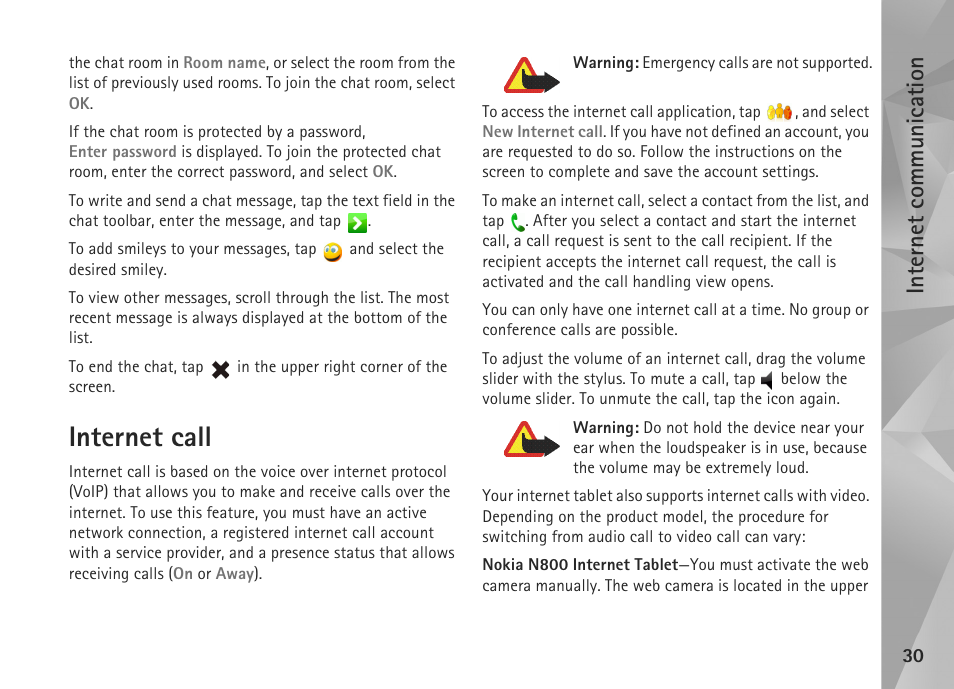 Internet call, Internet communication | Nokia N800 User Manual | Page 30 / 55