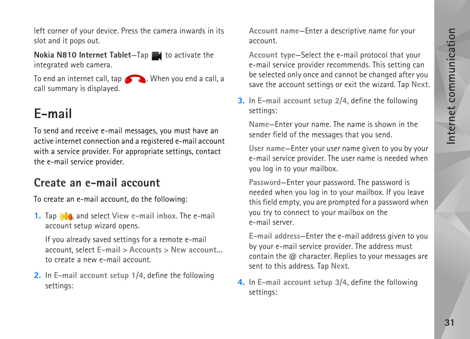 E-mail, Create an e-mail account, Internet communication | Nokia N800 User Manual | Page 31 / 55