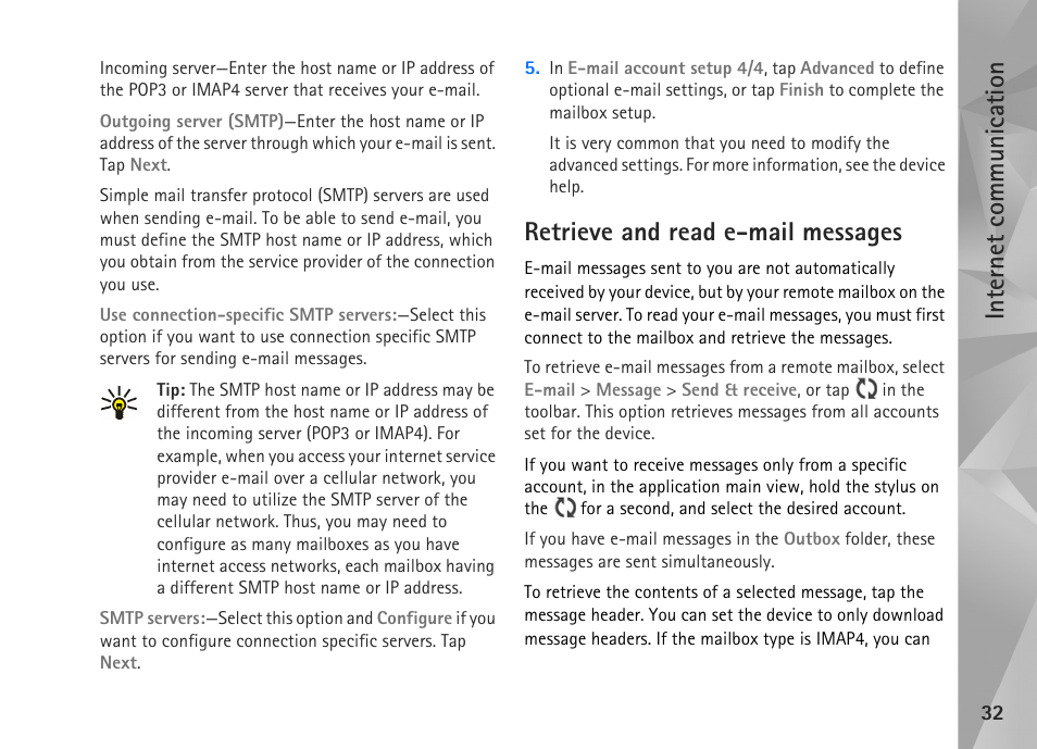 Retrieve and read e-mail messages, Internet communication | Nokia N800 User Manual | Page 32 / 55
