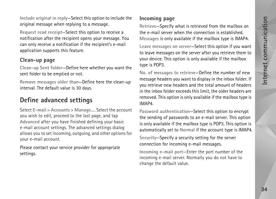 Define advanced settings, Internet communication | Nokia N800 User Manual | Page 34 / 55