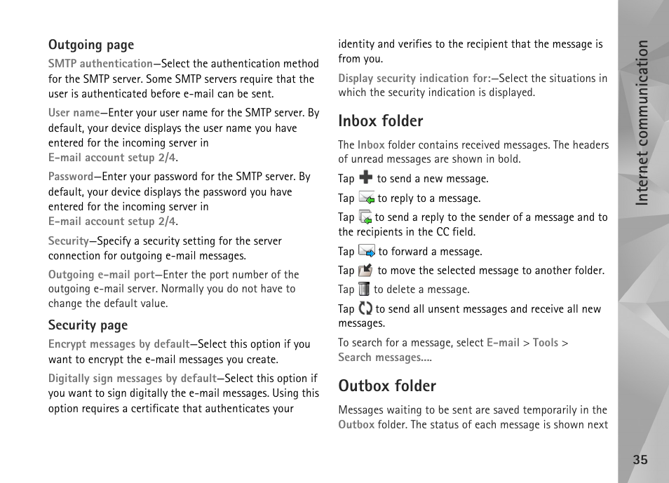 Inbox folder, Outbox folder, Inbox folder outbox folder | Internet communication | Nokia N800 User Manual | Page 35 / 55