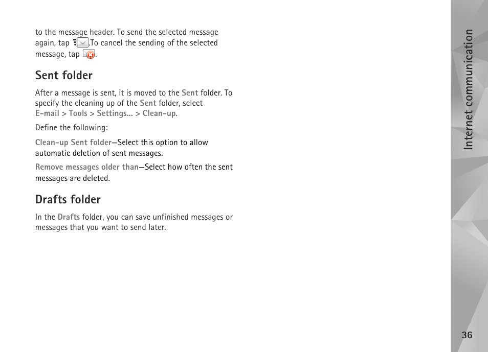 Sent folder, Drafts folder, Sent folder drafts folder | Internet communication | Nokia N800 User Manual | Page 36 / 55