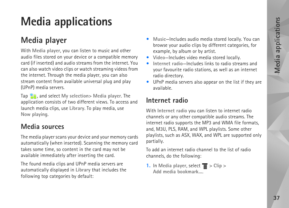 Media applications, Media player, Media sources | Internet radio, Media sources internet radio | Nokia N800 User Manual | Page 37 / 55