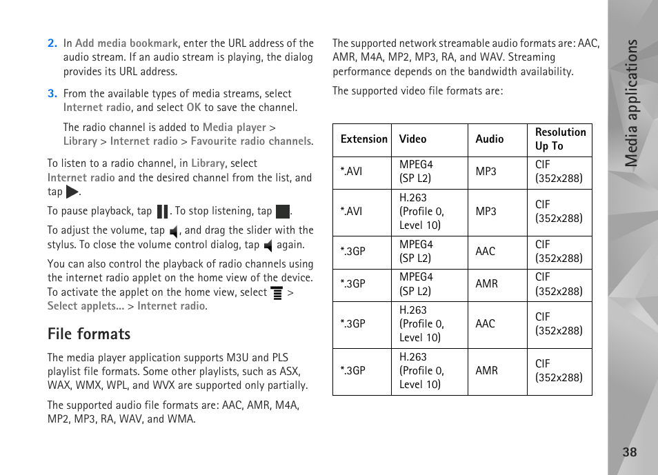 File formats, Media applications | Nokia N800 User Manual | Page 38 / 55