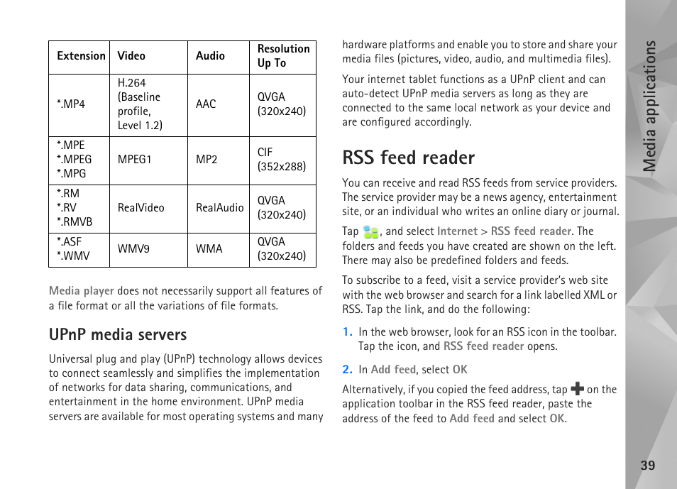 Upnp media servers, Rss feed reader, Media applications | Nokia N800 User Manual | Page 39 / 55