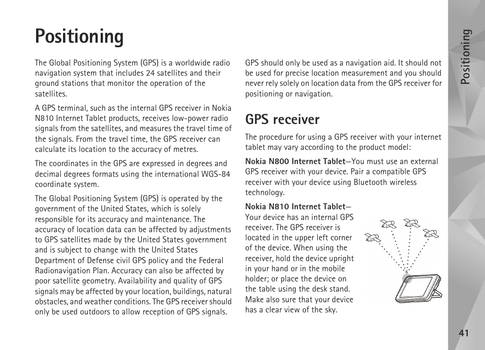 Positioning, Gps receiver | Nokia N800 User Manual | Page 41 / 55
