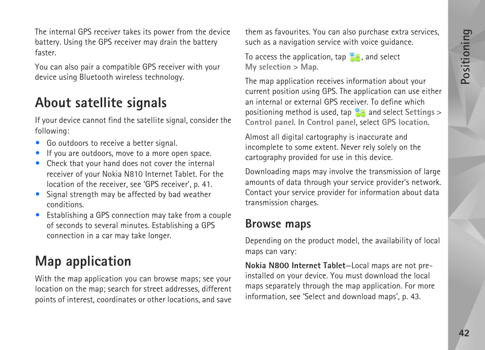 About satellite signals, Map application, Browse maps | About satellite signals map application, Positioning | Nokia N800 User Manual | Page 42 / 55