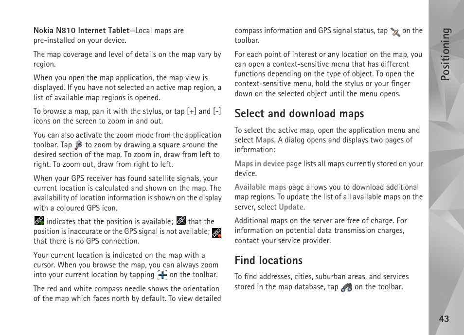 Select and download maps, Find locations, Select and download maps find locations | Positioning | Nokia N800 User Manual | Page 43 / 55
