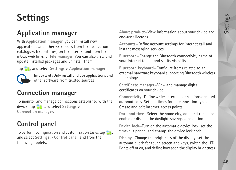 Settings, Application manager, Connection manager | Control panel | Nokia N800 User Manual | Page 46 / 55