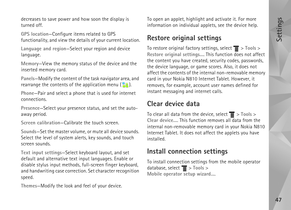 Restore original settings, Clear device data, Install connection settings | Settings | Nokia N800 User Manual | Page 47 / 55