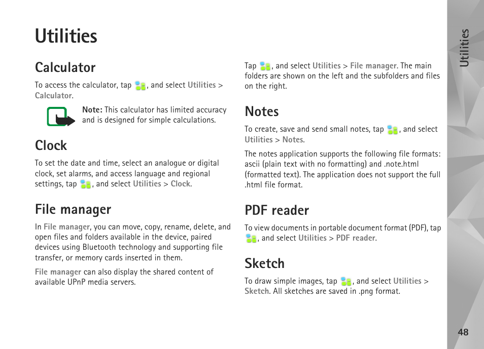 Utilities, Calculator, Clock | File manager, Notes, Pdf reader, Sketch | Nokia N800 User Manual | Page 48 / 55