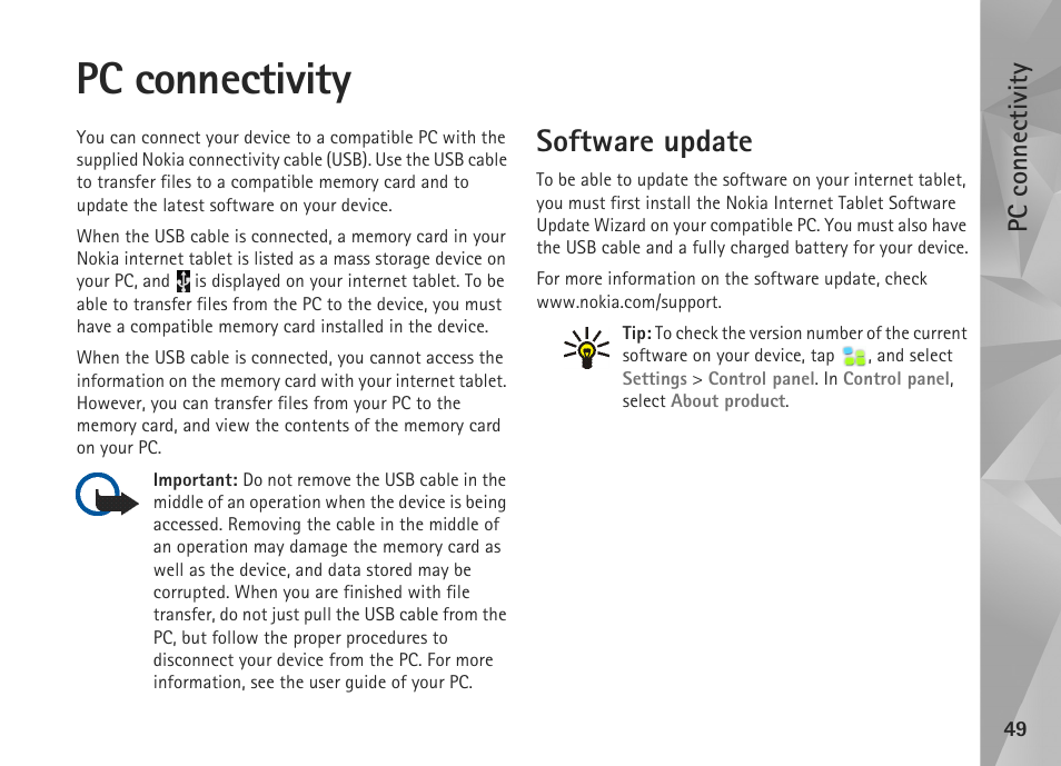 Pc connectivity, Software update | Nokia N800 User Manual | Page 49 / 55