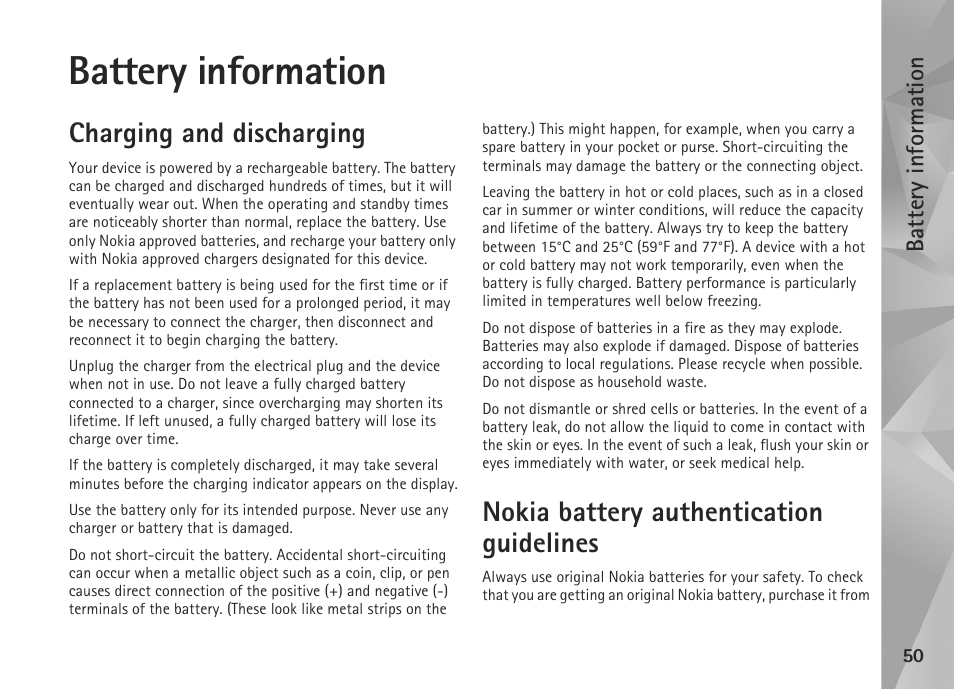 Battery information, Charging and discharging, Nokia battery authentication guidelines | Nokia N800 User Manual | Page 50 / 55
