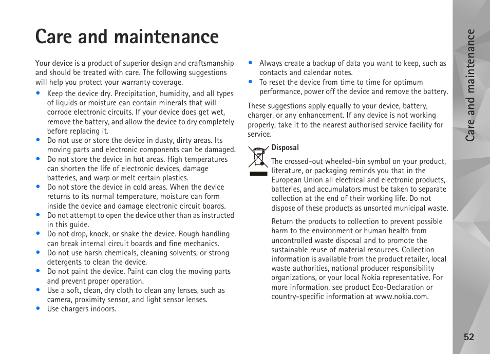 Care and maintenance | Nokia N800 User Manual | Page 52 / 55