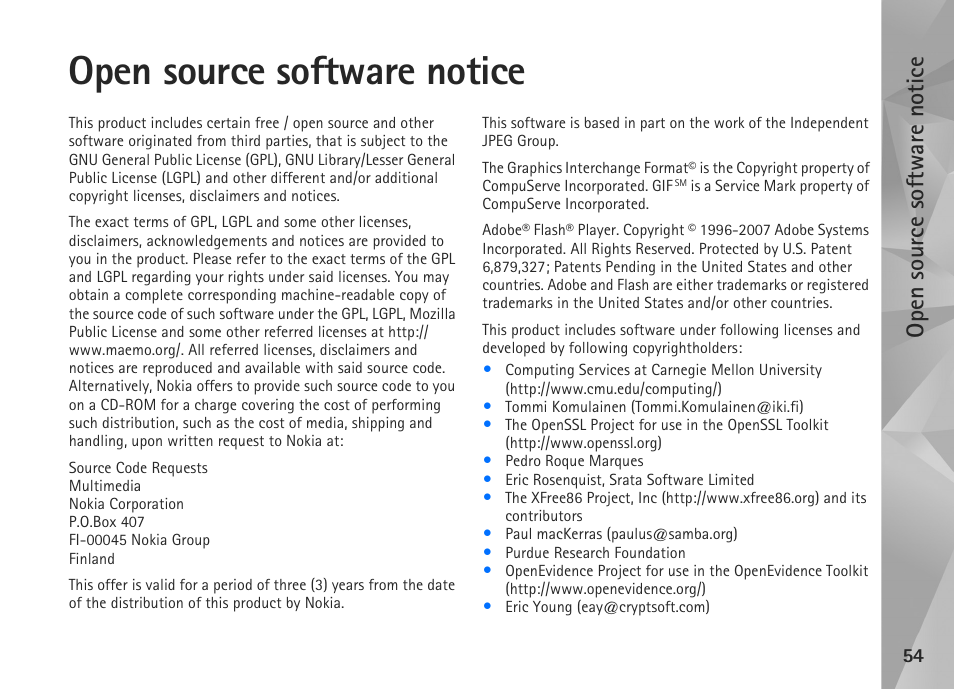 Open source software notice | Nokia N800 User Manual | Page 54 / 55