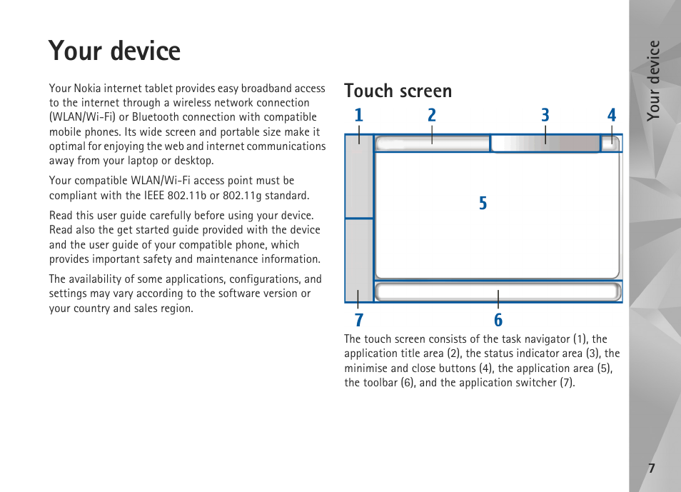 Your device, Touch screen | Nokia N800 User Manual | Page 7 / 55