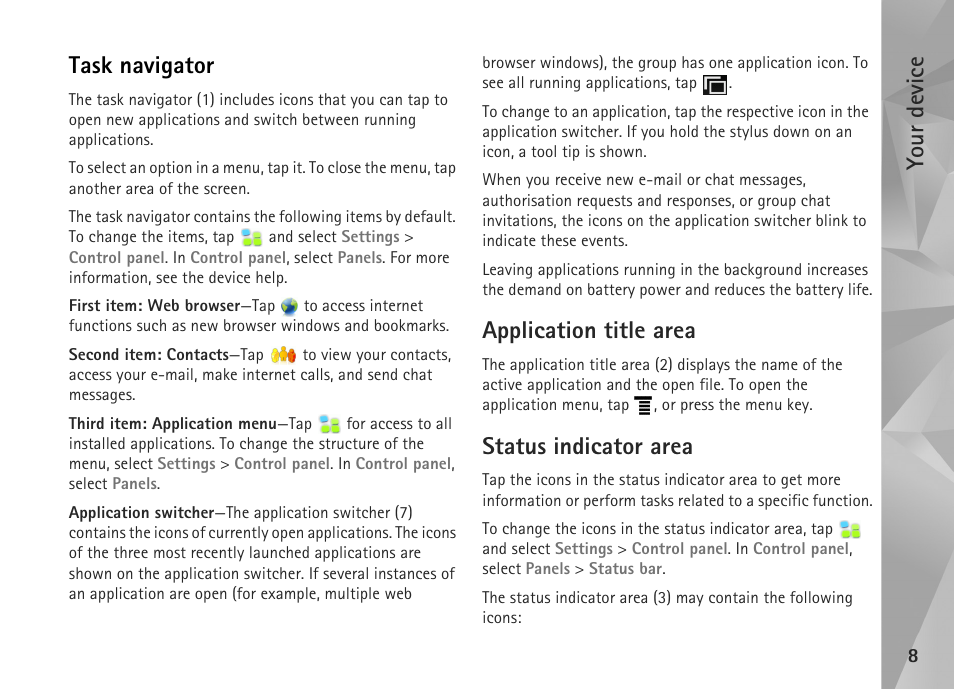 Task navigator, Application title area, Status indicator area | Your device | Nokia N800 User Manual | Page 8 / 55