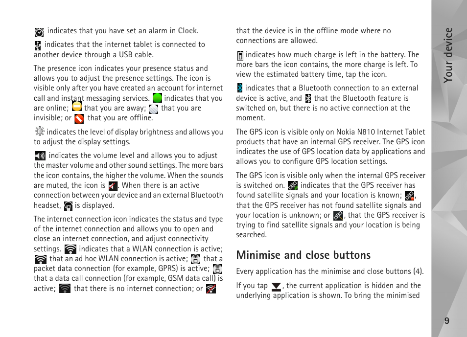 Minimise and close buttons, Your device | Nokia N800 User Manual | Page 9 / 55